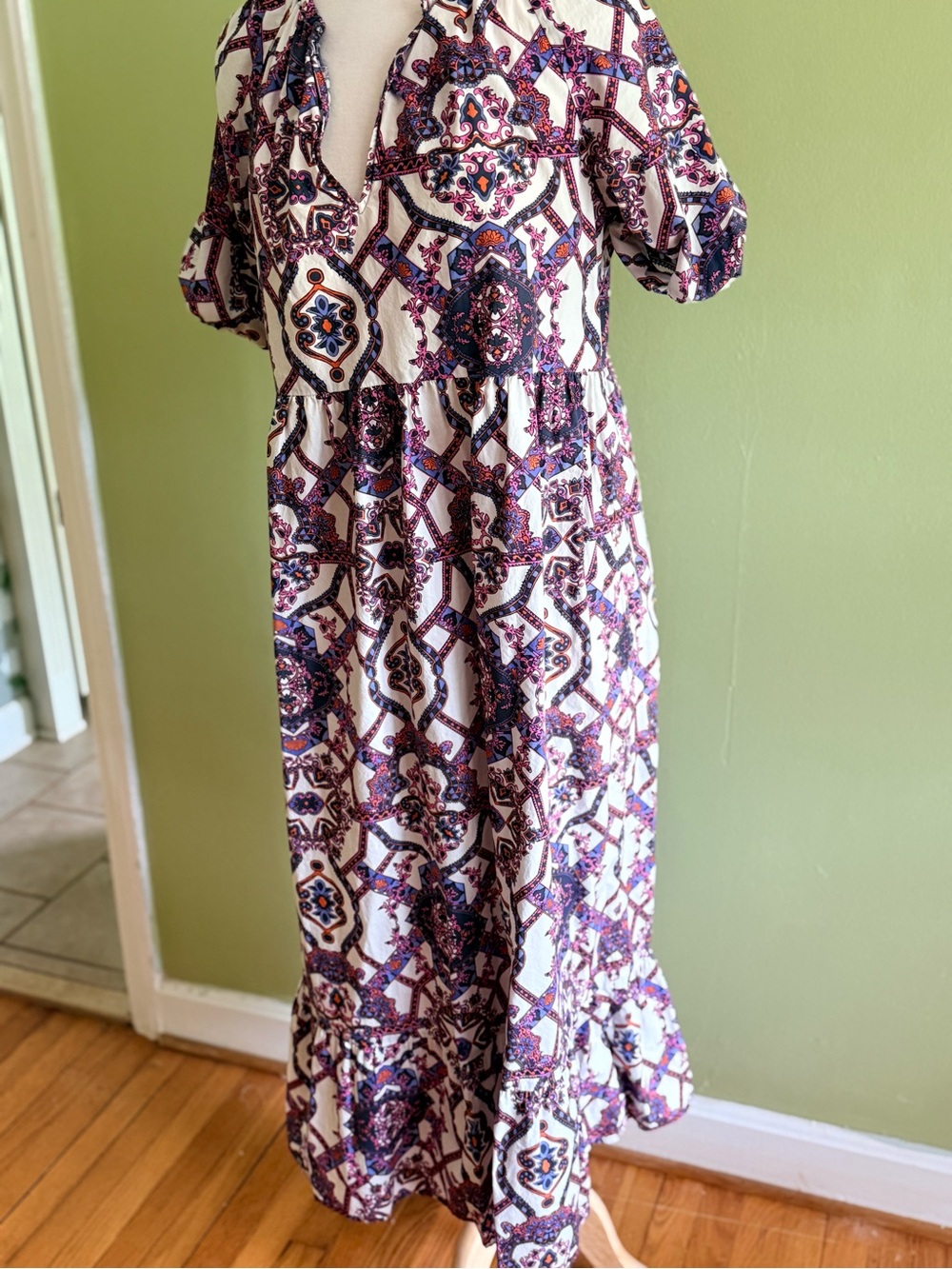 Bohemian Printed Maxi Dress in Cream and Purple Cotton - maxi